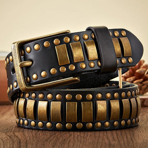 Axel Studded Leather Belt - Gold / Black - 39 – 40