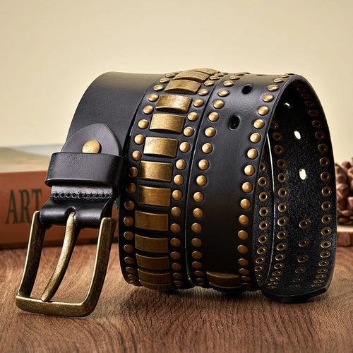 Axel Studded Leather Belt - Gold / Black - 39 – 40